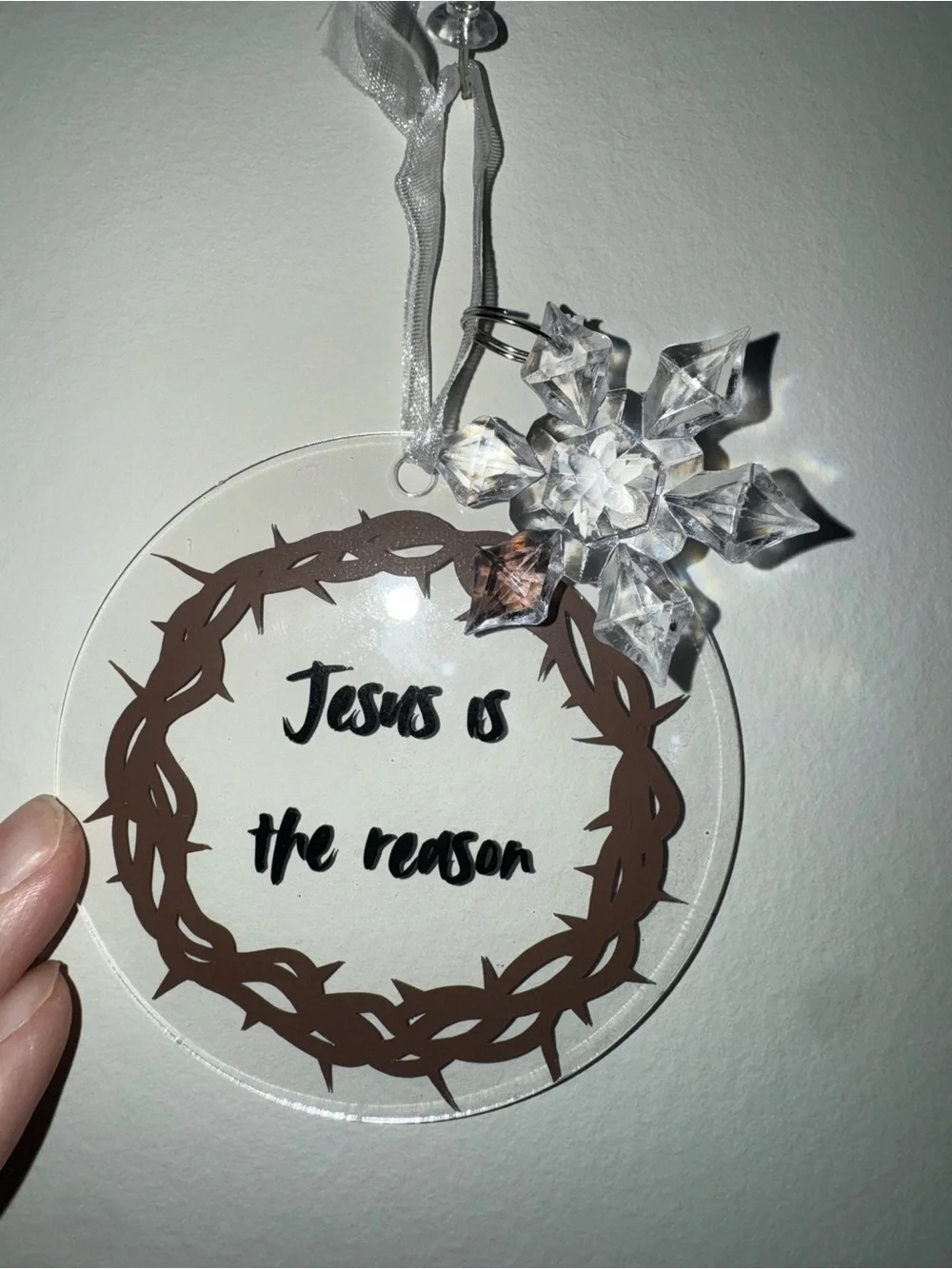 Clear Acrylic 'Jesus Is the Reason' Ornament with Brown Wreath